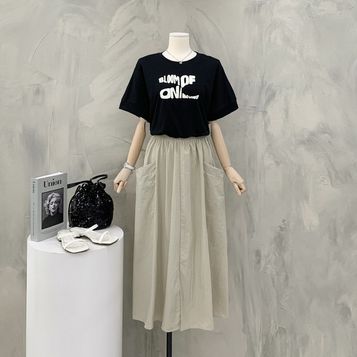 행복여 블룸 레터링 배색 사선 포켓 캐쥬얼 롱 원피스