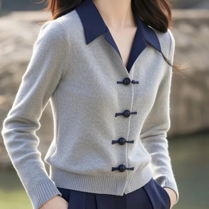 YG-1723 배색 카라넥 니트 가디건