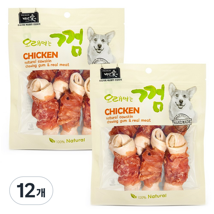 백년애 고기가 2배 이상 말린 오래먹는 강아지껌, 닭고기 중형, 250g, 12개