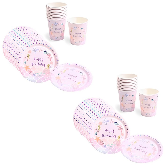 파티해 생일 파티접시 18cm 20p  파티컵 20p 세트 인어공주, 20개, 1세트