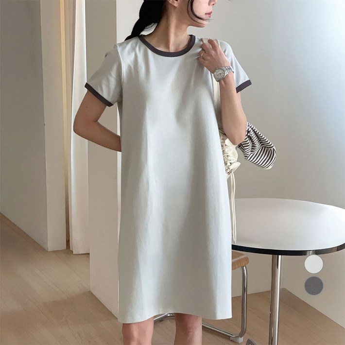 아피나르 여성용 고밀도 코튼 링거 포인트 반소매 미니 원피스