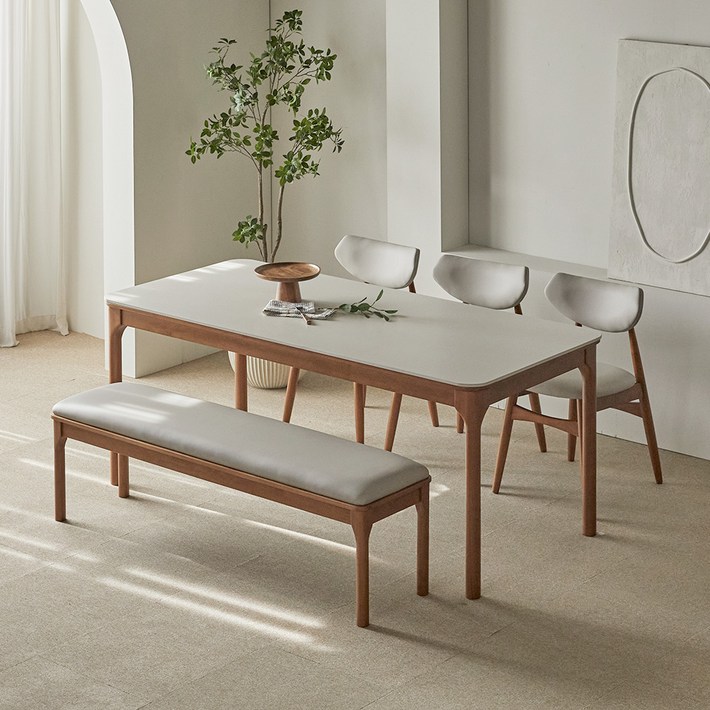 파로마 채튼 세라믹 원목식탁 1800 6인용  B리샤르 의자3p  채튼 벤치 세트 방문설치, 베이지상판  월넛원목, 일반 3  벤치 1