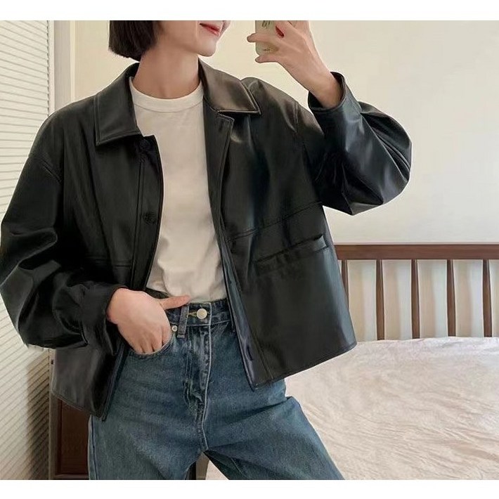 다중성 여성 쇼트 PU 라이더 자켓 긴팔 코트
