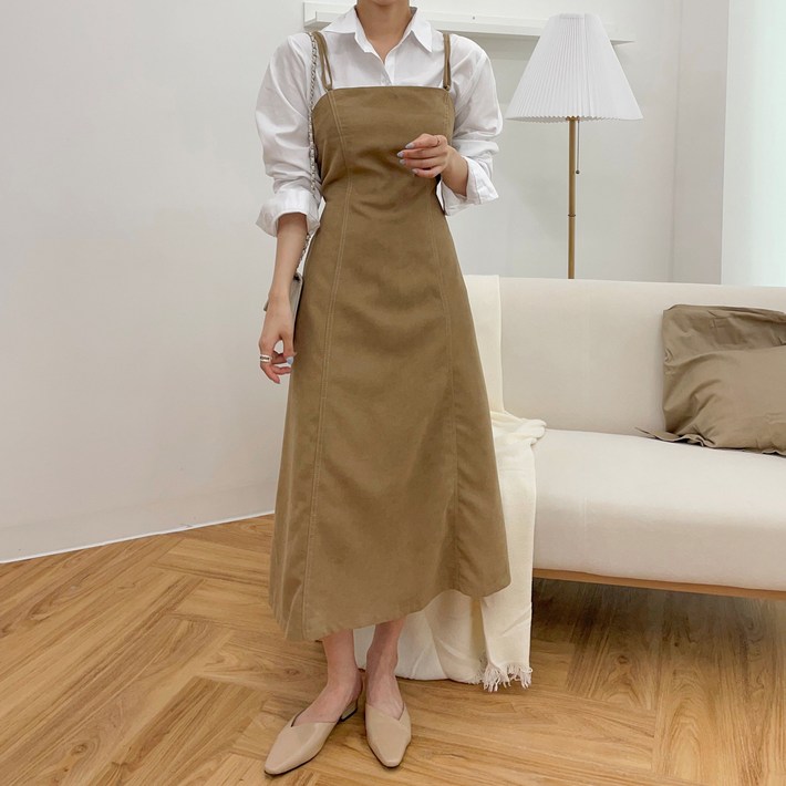 스티치 스웨이드 뷔스티에 A라인 허리끈 멜빵 원피스