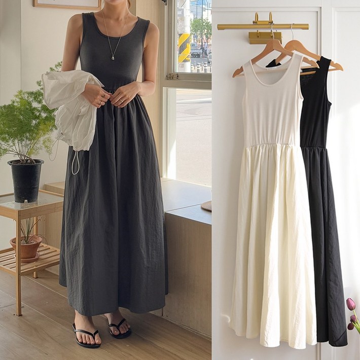 데일리앤 모아르 여성 민소매 이너 레이어드 플레어 롱 바스락 원피스