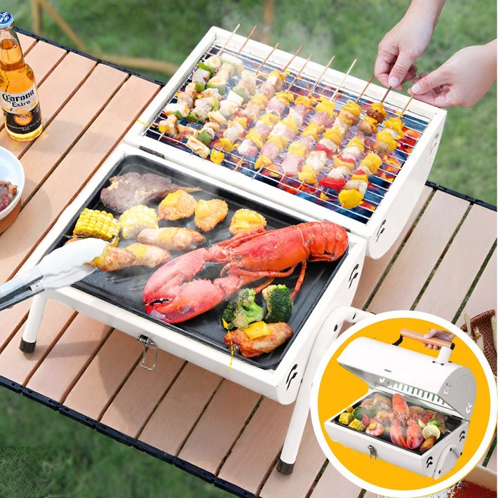 산들락 양면형 휴대용 캠핑 화로 바베큐 그릴 훈제 로스트 야외 고기불판 낚시 꼬치 양면구이판, 1개