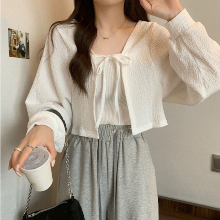 라트번 루즈핏 긴팔 볼레로 크롭 리본 가디건