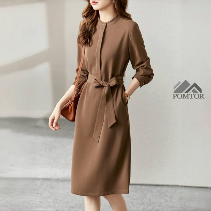 POMTOR 봄 가을 여성 조임 벨트 A라인 날씬해 긴팔 롱원피스 하객룩