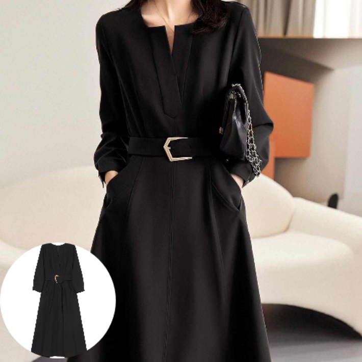 다즐링 여성 가을 원피스 긴팔 정장 세련된 하객룩 벨트포함