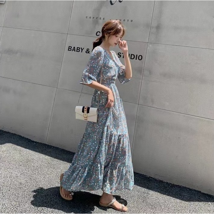 로엘란 스카이 블라썸 바캉스 해변 꽃무늬 반팔 원피스 RC51