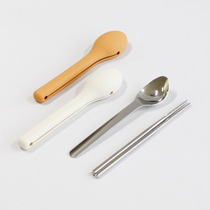 실리샵 무소음 휴대용 수저세트 실리콘케이스 포함 숟가락 젓가락, 1개, 숟가락젓가락, 수저세트 아이보리