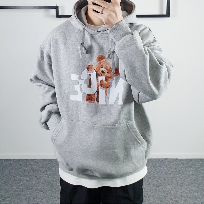 wowayo 남녀공용 기모 곰돌이 프린팅 나이스 후드 티셔츠3color