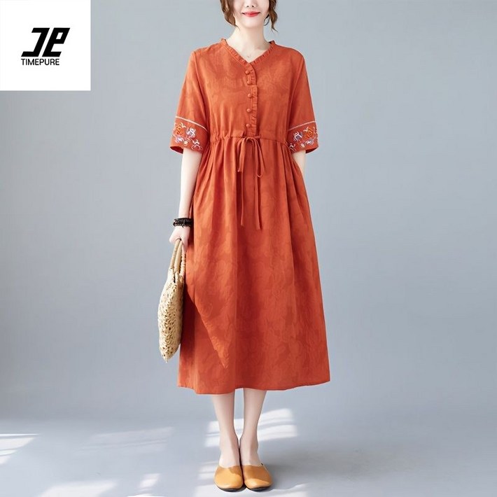여름 에스닉 면 마 원피스 여 고급 허리 조임 루즈핏 날씬해 보이는 기질 린넨 스커트 개량 한복 일상복 나들이룩
