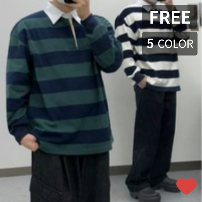 테이크잇컴퍼니 남녀공용 캐쥬얼 스트라이프 단가라 긴팔 카라 오버핏 럭비 티셔츠