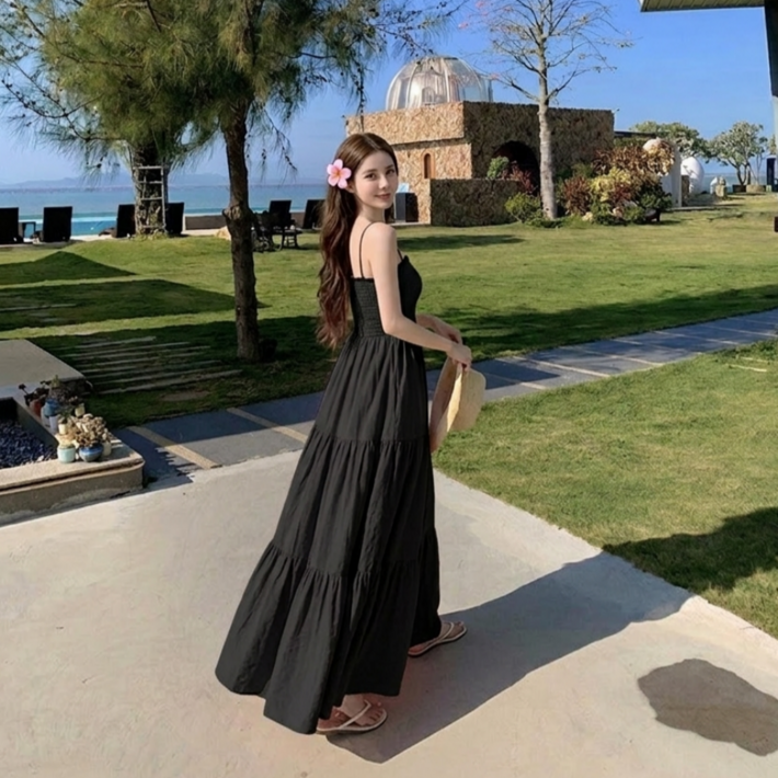 쁘띠엘라 휴양지 원피스 스모크밴딩 A라인 발목기장 빅사이즈 비치웨어