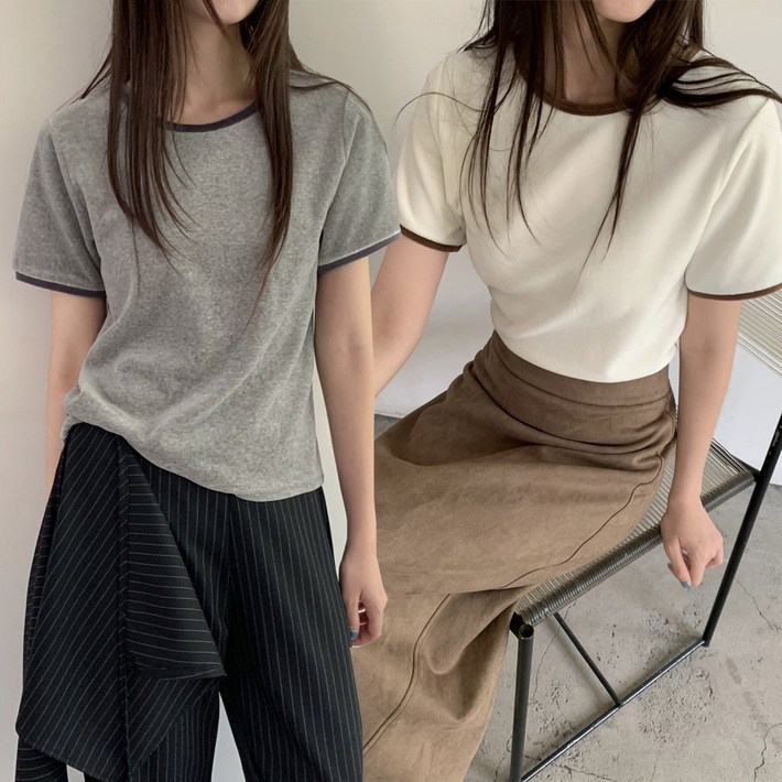 여성 라운드넥 벨로아 배색 반팔티셔츠 벨벳 도톰한 반팔티