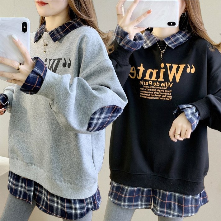 SSINGYUN 여자 봄가을 얇은 맨투맨 체크패치 투인원 오버핏 긴팔티