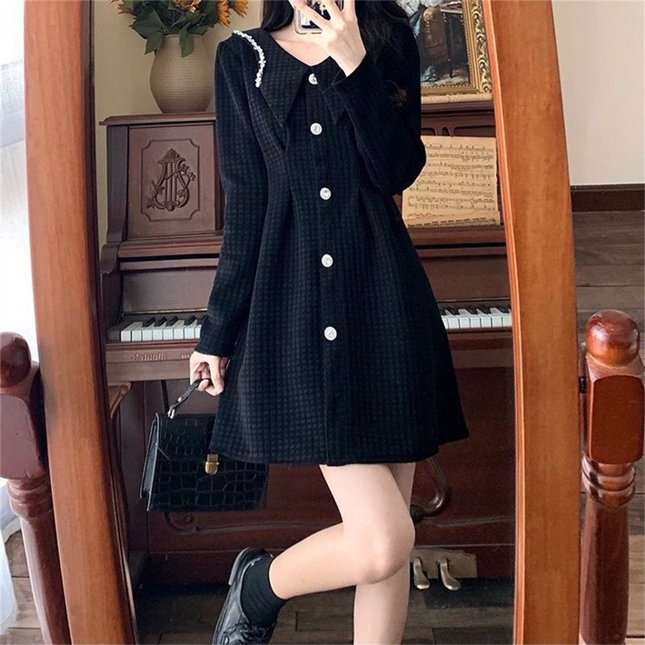 TKX 여성 가을 겨울 원피스 진주 버튼 장식 미니원피스 오버핏 하객 프리미엄 K51