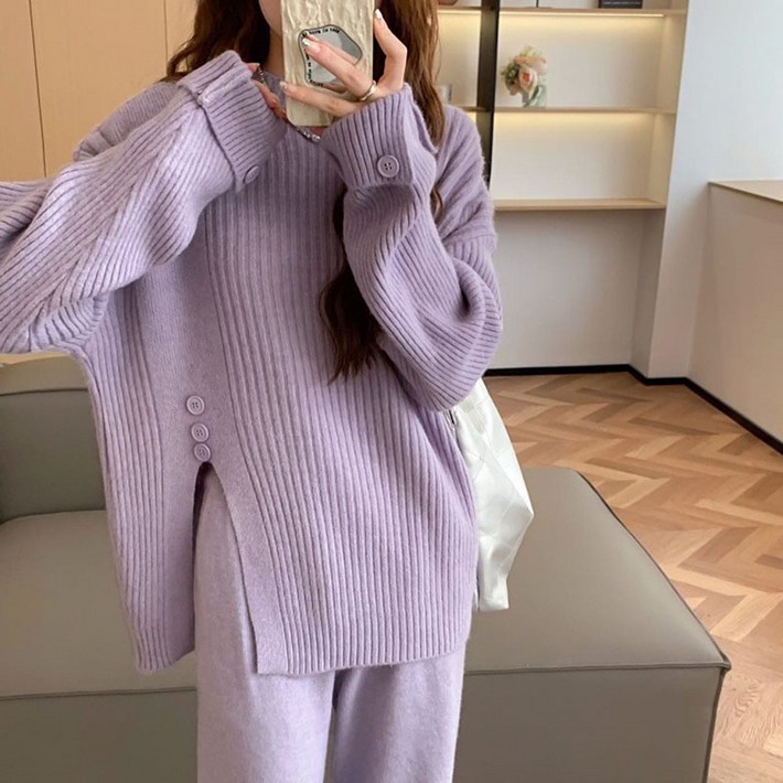 스타일닥터 여성용 니트 라운드 스웨터와이드 두세트 팬츠 긴팔 세트