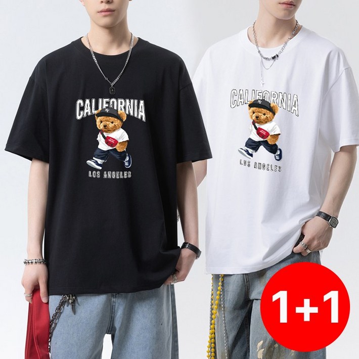 11스타일아유 캘리포니아 베어 프린팅 오버핏 반팔 라운드넥 티셔츠 남성용 TS3647
