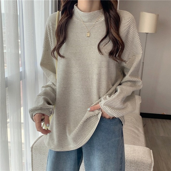 소비르 루즈핏 스트라이프 반폴라 목폴라 빅사이즈 티셔츠