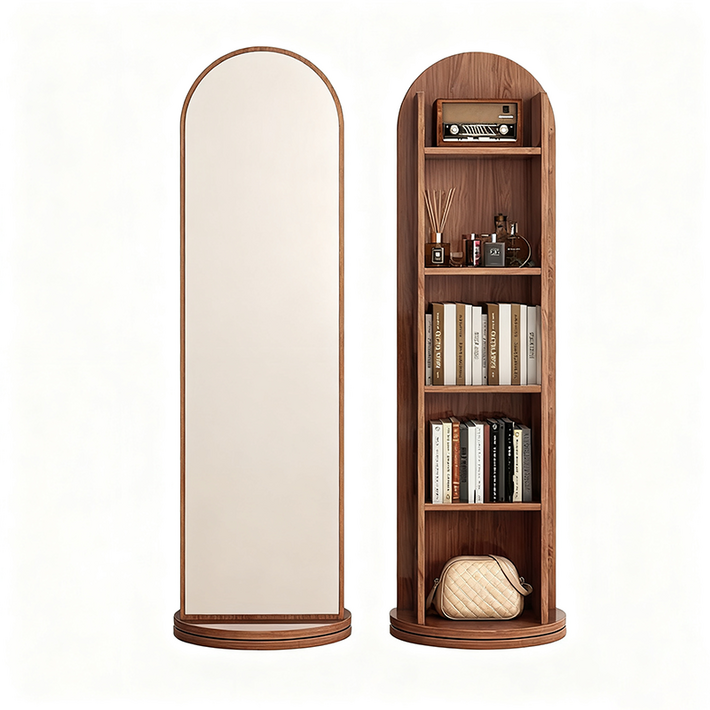 Tixpra 회전 전신거울 가정용 수납 선반 일체형 책장 이동식 옷장거울