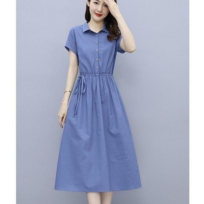 마마룩 40대 50대 여름 신상 반팔 루즈핏 스트링 조임 배 가리개 솔리드 기질 스커트 고급 여성 원피스