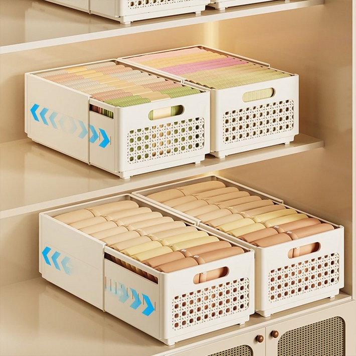 리빙원 다용도 슬라이딩 정리함 길이조절 수납박스 주방 수납정리함, 2개, 중형20x15x2848cm 크림색