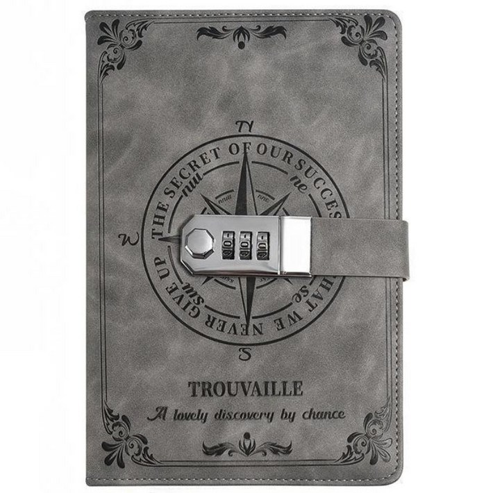 쿠미 빈티지 비밀 일기장 자물쇠 다이어리, 1개, 그레이