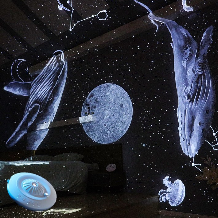 아오라 우주빔 갤럭시 별 달 은하수 오로라 우주 프로젝터 플라네타륨 플라네타리움 별똥별 무드등 수면등 취침등 천체투영기 무선, 화이트, 화이트