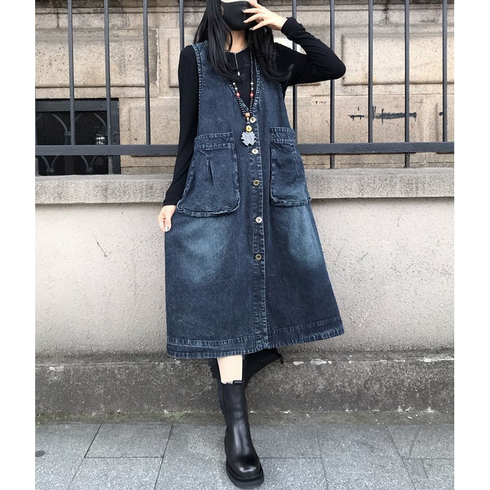 유숀 브이넥베스트청원피스 앞단추데님자켓겸원피스 어메시원피스