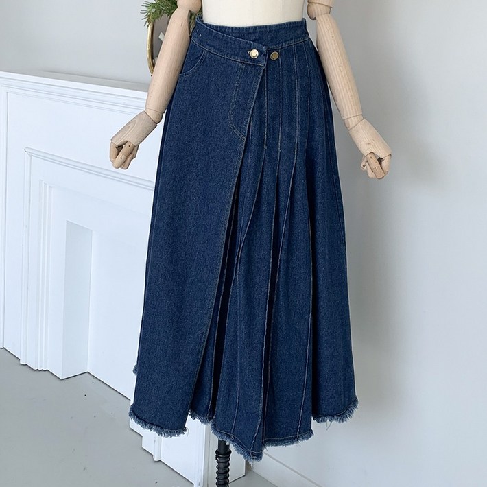 행복여 루블 핀탁 수술 뒷 밴딩 플레어 데님 청 스커트