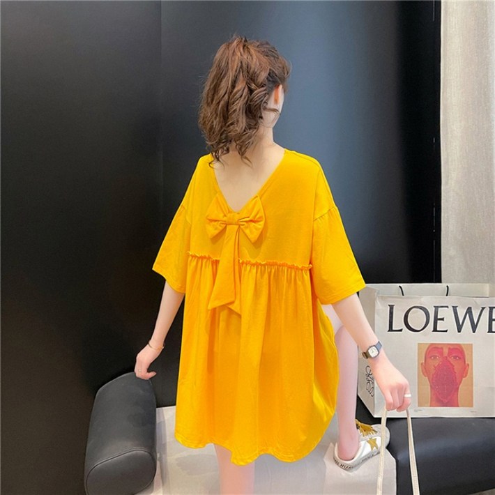 유니픽여성 여름 면 V네크라인 뒷면 리본 반팔 원피스 루즈핏cjg