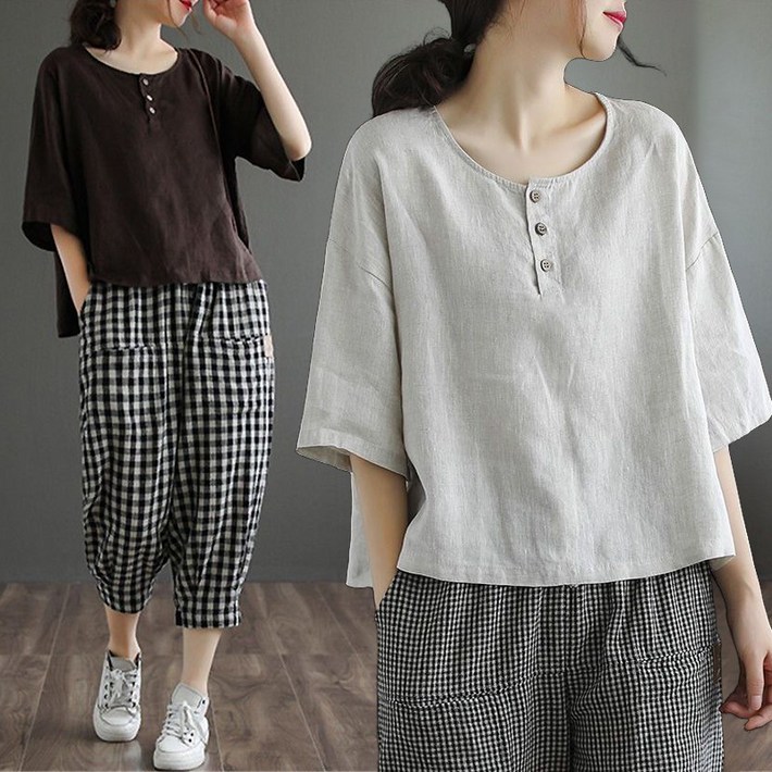 여름용 시원한 린넨 반팔 블라우스 루즈핏 여성 캐주얼 티셔츠 마 칠부소매 라운드티