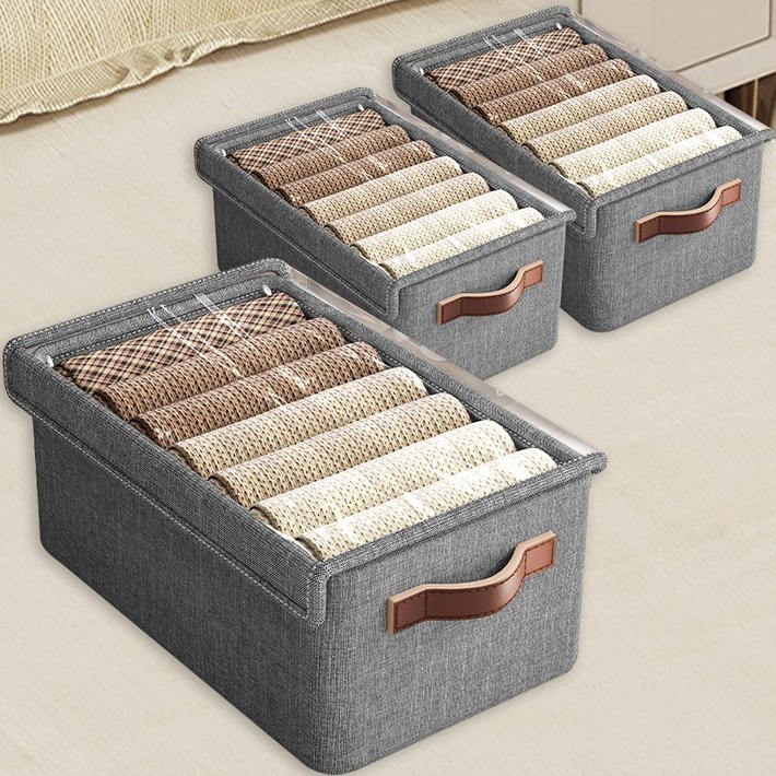 디모어 베이직 모던 수납 박스 투명창 옷정리함 커버형, 3개, 그레이