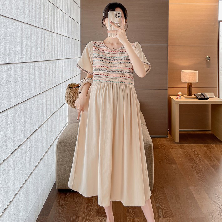 다바럽 임산부 임부복 만삭 반팔 자수 원피스 휴양지 바캉스 비치 빅사이즈