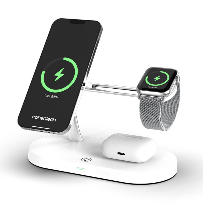 로랜텍 아이폰 애플워치 에어팟 맥세이프 고속 무선충전기, 화이트, 1개
