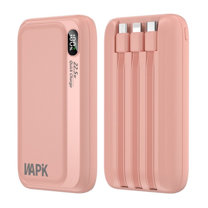 와피크 PD 22.5W 고속충전 일체형 보조배터리 M1 10000mAh 파워뱅크, 핑크