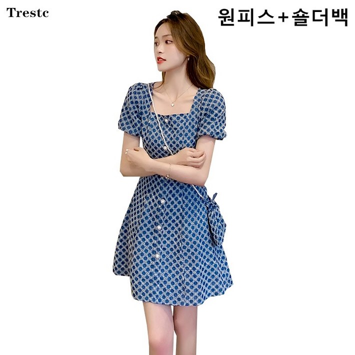 Trestc 여름 스퀘어넥 반팔 데님 미니 원피스+숄더백