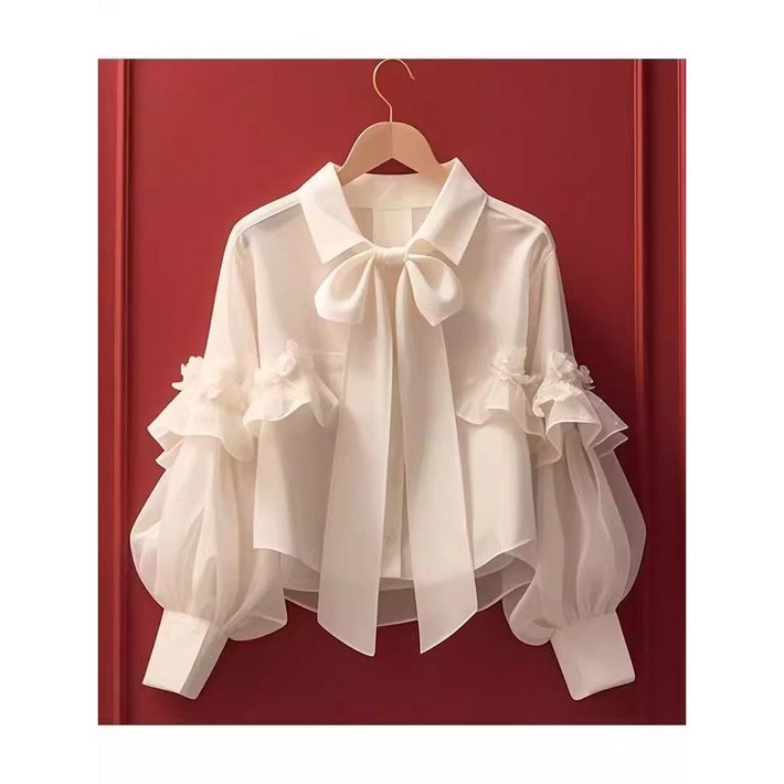 COSYEVNO  여성 여름 프릴 톱 긴팔 셔츠 리본 봄가을 맨투맨 블라우스 긴팔 루즈핏