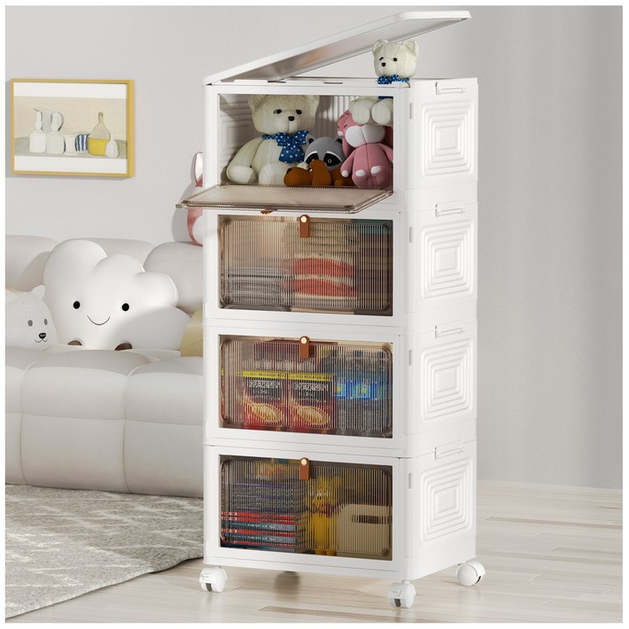 Kipnos 폴딩 대용량 리빙박스 수납장 대용량 수납 정리함 접이식 보관함 다용도 수납함 플라스틱 수납함 사물함 정리함 리빙박 스수납박스 대형가정용 장난감 수납장 옷정리함, 화이트, 4개