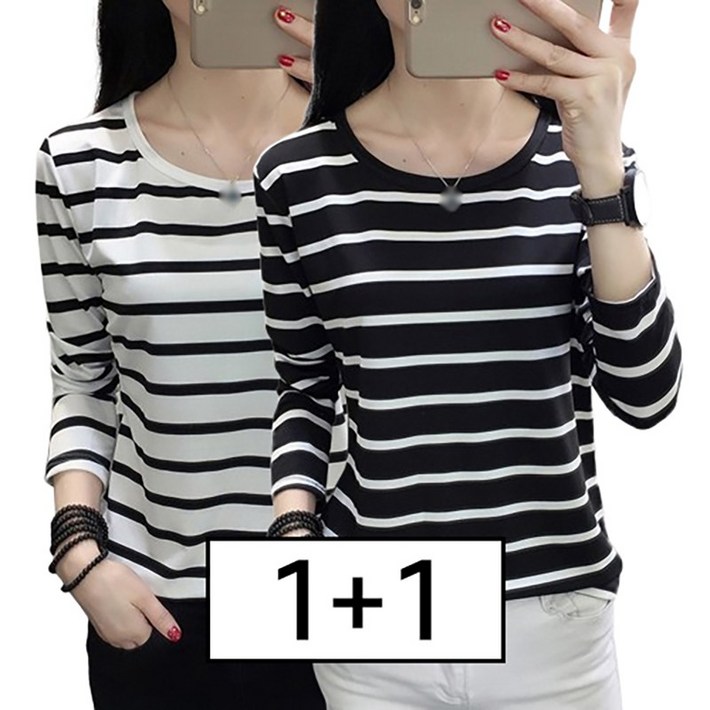 여성용 스트라이프 디자인 라운드넥 긴팔 티셔츠 슬림핏 몸매 봄 가을 인테리어 언더웨어 다양한 용도 활용 가능 세련 패턴 캐주얼 데일리룩 포멀 1+1