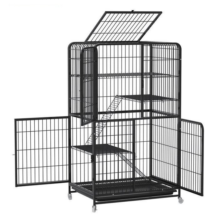 리빙가감법 고양이 대형 케이지 철창 빌라 성묘 현관 반려동물 이동식 바퀴 달린 철장 높은 세로형 고양이장 집 울타리, 1개, 블랙