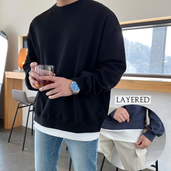 11할인 레이어드 남자 무지 특양면 오버핏 맨투맨