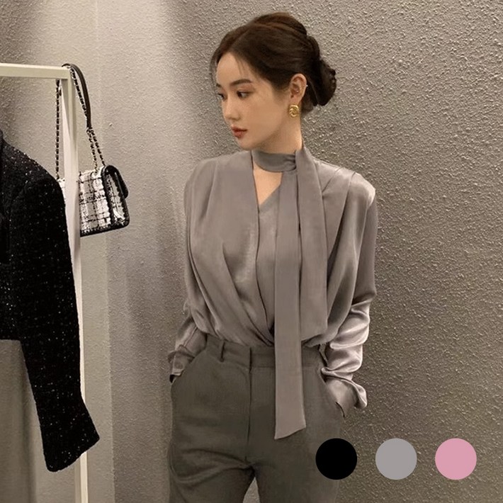 Titikong 여성 타이 브이넥 블라우스 새틴 남방 오피스룩 빅사이즈 셔츠 링클프리