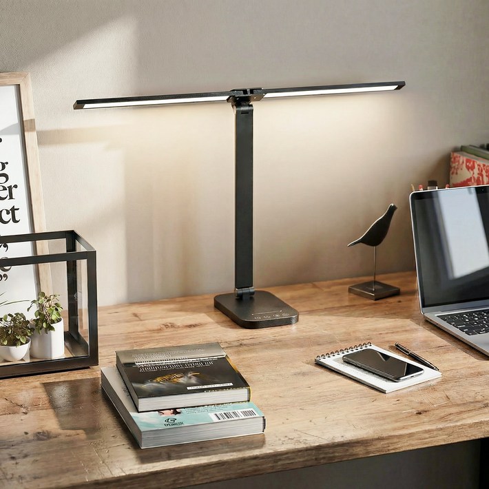 Airwit 듀얼 LED 스탠드 조명 시력보호 블루라이트 차단 와이드 조명 무단계 밝기조절 책상 사무실 학습용 사무용 독서용, 블랙