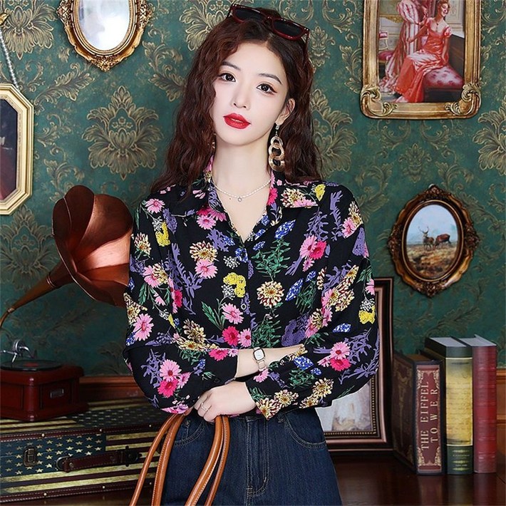 besteffie 하객룩블라우스 여성용 화려한 꽃무늬 긴팔 셔츠 캐주얼 봄 가을 패션 블라우스 E55
