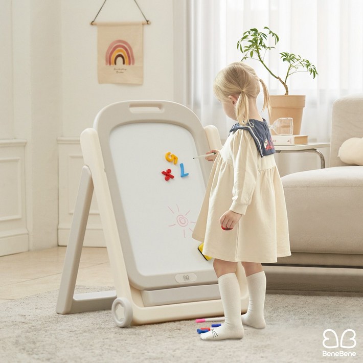 베네베네 유아 아기 쁘띠 베이직 화이트보드  자석칠판  높낮이 조절  수납바구니  접이식  이동바퀴, 화이트 그레이 보드, 1개