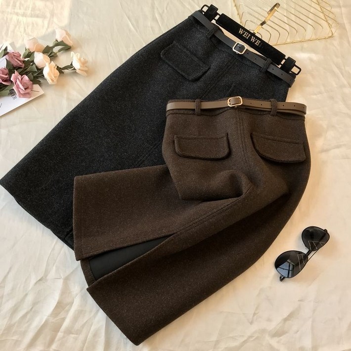 여성 모직 트임 스커트 벨트 치마