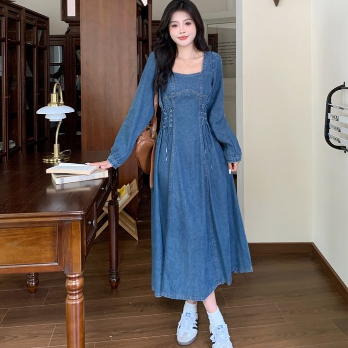 웨일쓰 여성 스퀴어넥 데님원피스 빅사이즈 청원피스 캐주얼 데님 체형커버 하객룩 롱원피스 웨일쓰 여성 스퀴어넥 데님원피스 빅사이즈 청원피스 캐주얼 데님 체형커버 하객룩 롱원피스